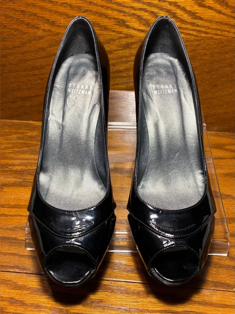 Stuart Weitzman Cut Out Peep Toe Platform Pumps Black Patent Leather Size 8.5